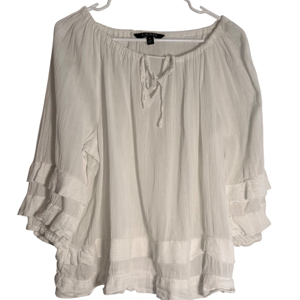 Lauren Ralph Lauren White Cotton Gauze Ruffle Peasant Blouse Medium